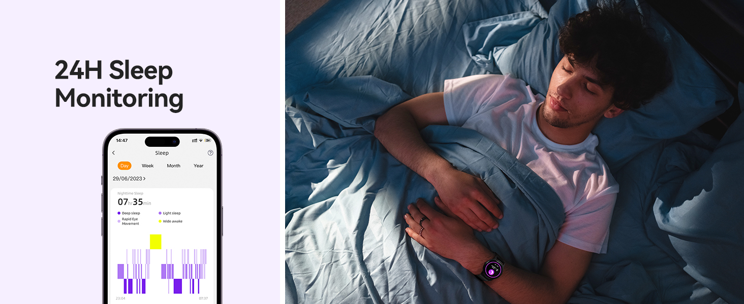 Split image showing a smartphone displaying sleep monitoring data and a person sleeping in bed, demonstrating 24-hour sleep tracking functionality.