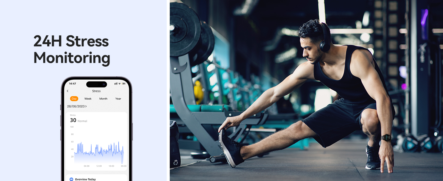 Smartphone displaying '24H Stress Monitoring' with a graph. Person using rowing machine in gym visible in background.