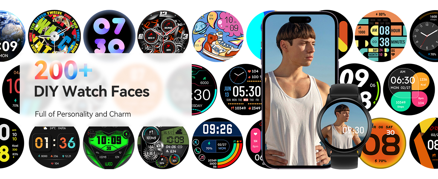 Collage of colorful smartwatch faces showcasing various designs, from digital to analog styles. Text indicates '200+ DIY Watch Faces' available.
