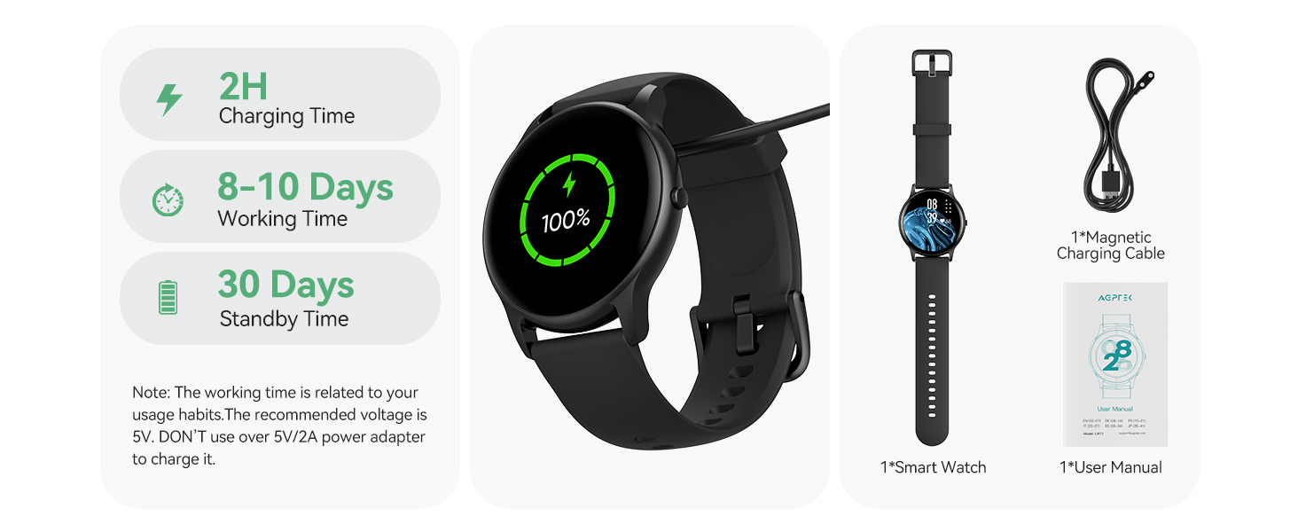 Smart watch with round black display and strap, showing charging specifications: 2H charging time, 8-10 days working time, 30 days standby. Includes USB cable.