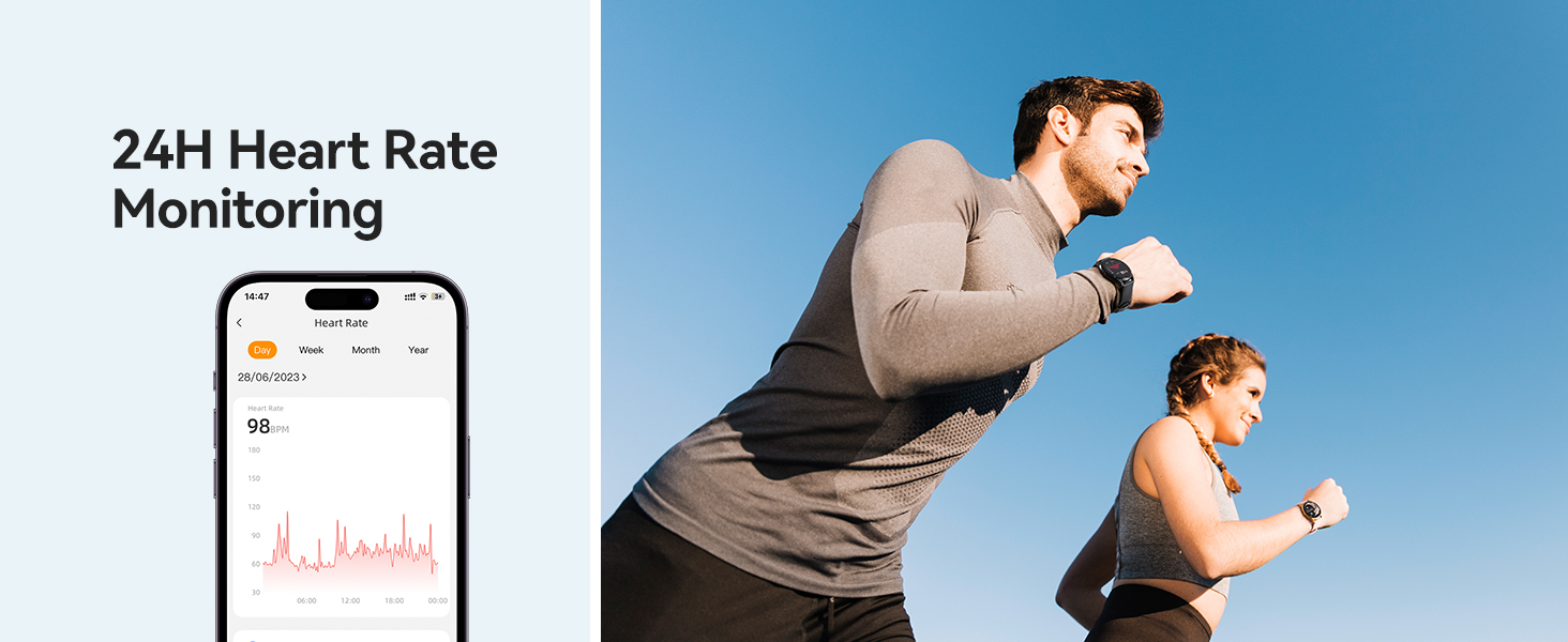 Fitness app interface showing heart rate monitoring graph on smartphone screen, paired with exercise activity images against blue background.