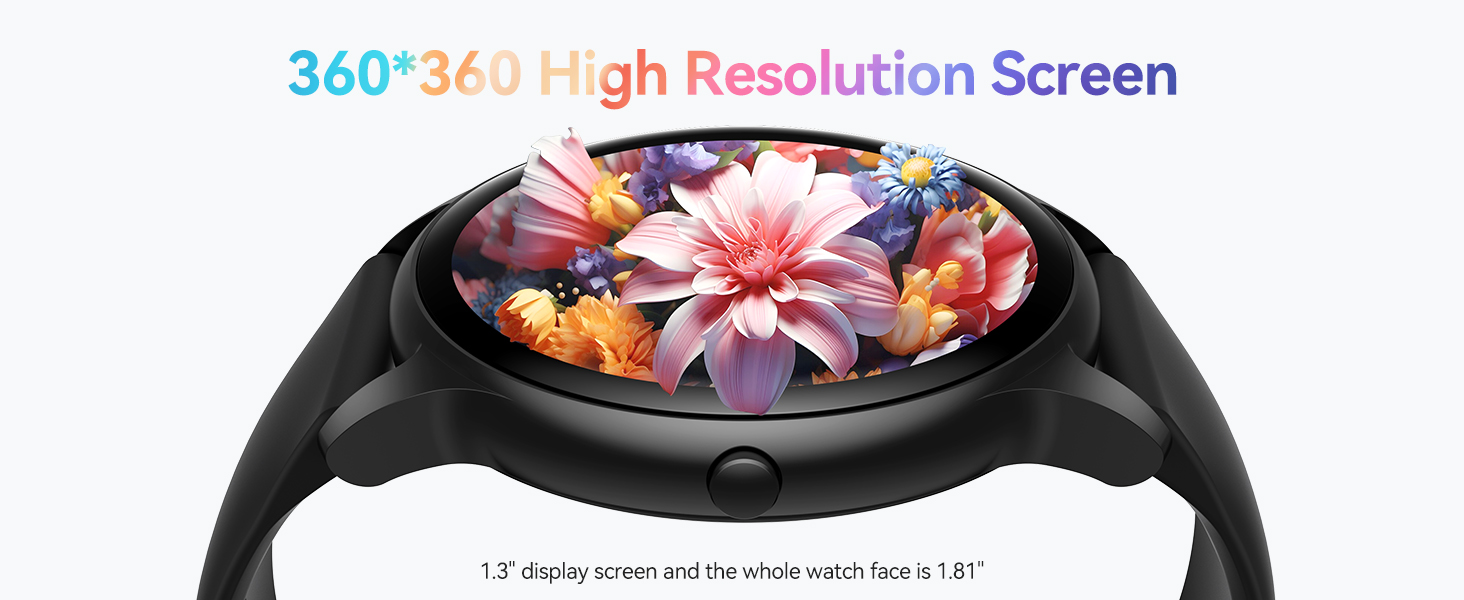 Smartwatch display showing colorful floral screen with pink and orange blooms against black watch body, highlighting 360-degree high resolution screen feature.