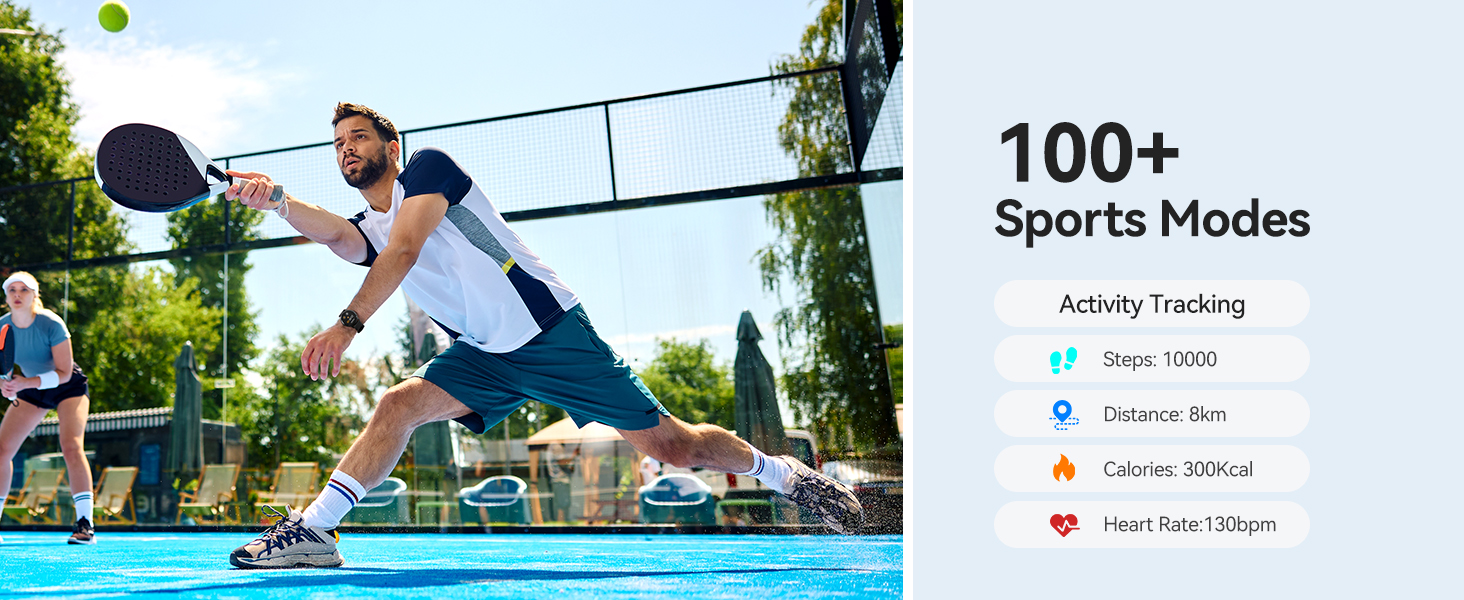 Smartwatch or fitness tracker advertisement. Shows person playing tennis and lists '100+ Sports Modes' with activity tracking icons.