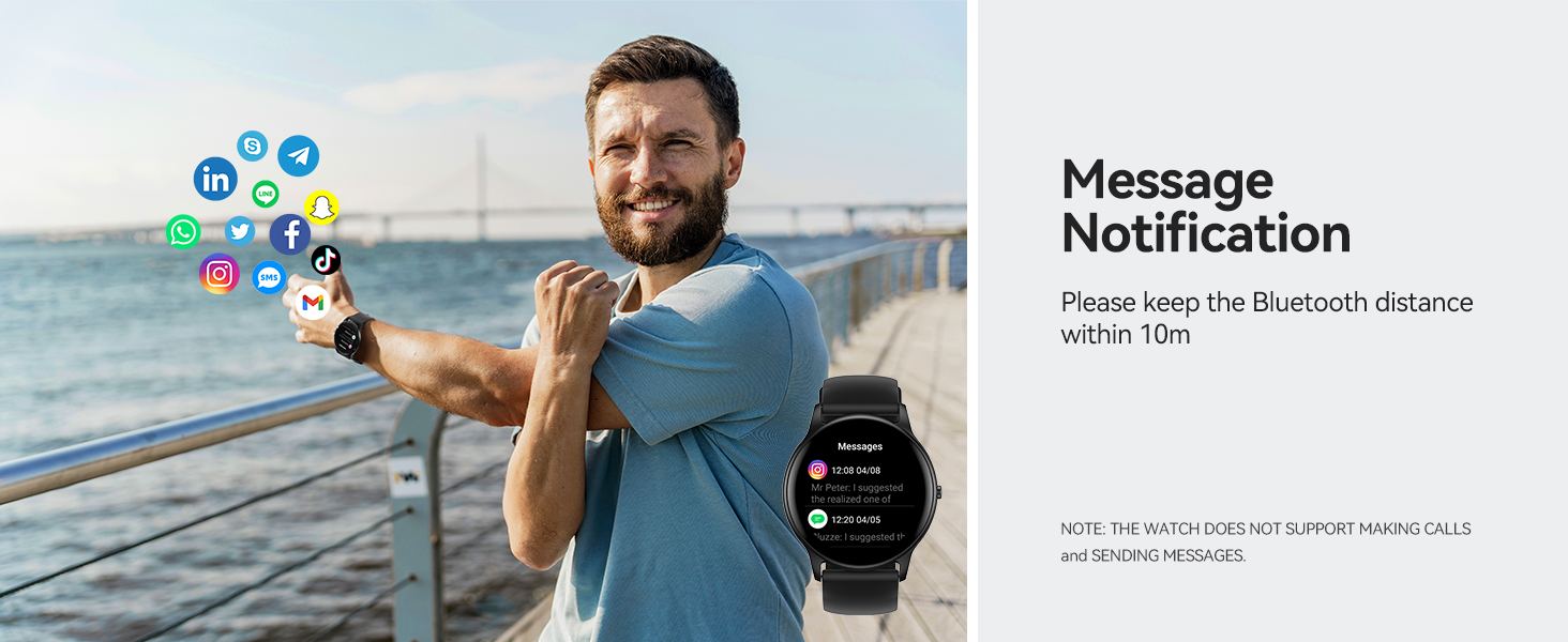Smartwatch displaying message notification feature, with social media icons floating nearby. Adjacent text explains Bluetooth disconnection alert functionality.