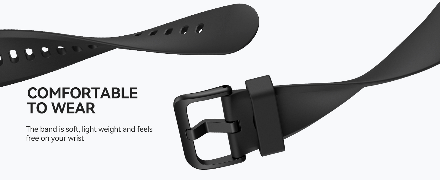 Black silicone or rubber watch band with perforated design and metal buckle, labeled as comfortable to wear.