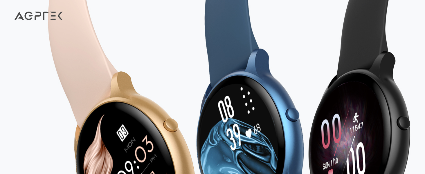 Three smartwatches displaying digital time faces in rose gold, blue, and black color variants with curved displays and silicone bands.