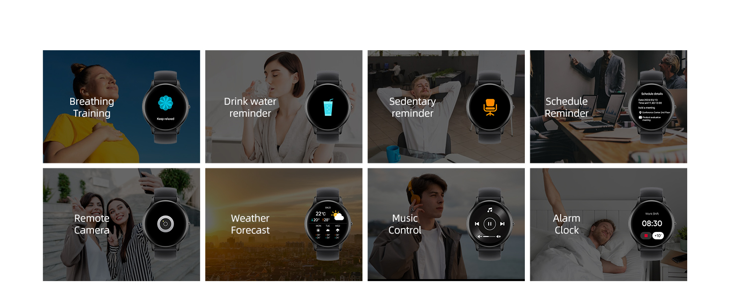 Grid display of eight circular smart watch interfaces showing different digital watch faces and functionality screens against dark backgrounds.