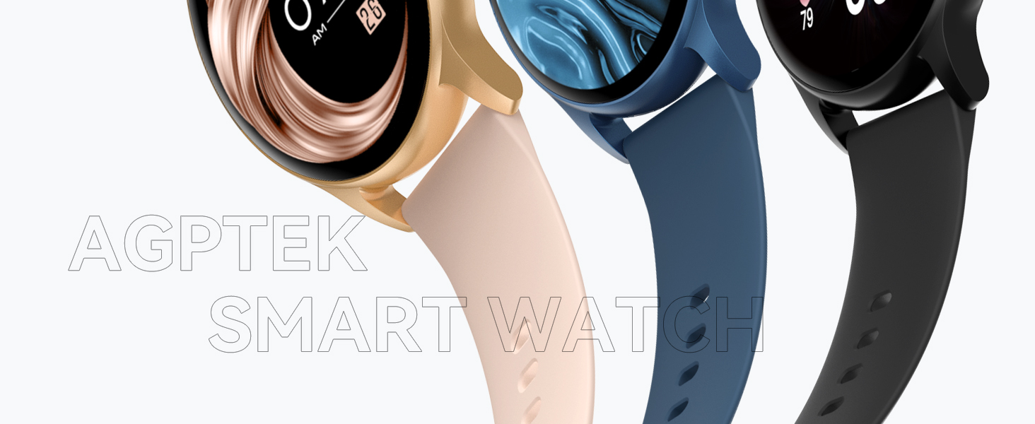 Three smartwatches with round faces in gold, blue, and black colors. Text 'AGPTEK SMART WATCH' visible in the image.